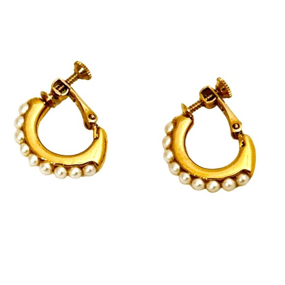 Vintage Napier Gold Tone Faux Pearl Half Hoop Screw Back Earrings - Picture 6 of 8